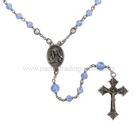 Immaculate Heart of Mary Rosary w Blue Clear Glass Beads